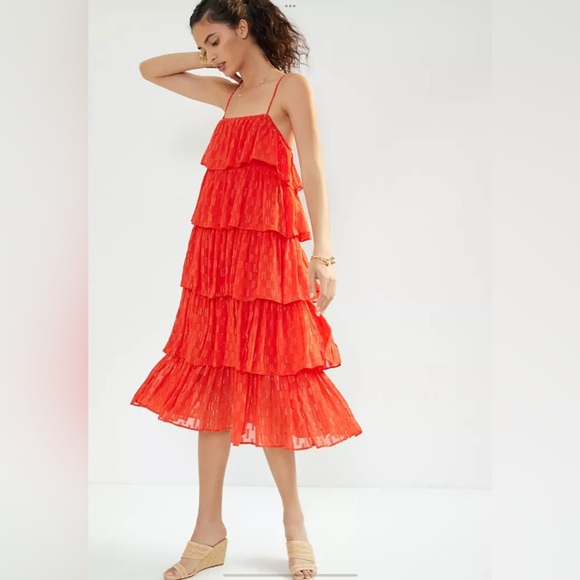 Anthropologie Tiered Ruffle Midi Dress Coral Metallic Balletcore M Boho Beach - Picture 1 of 7